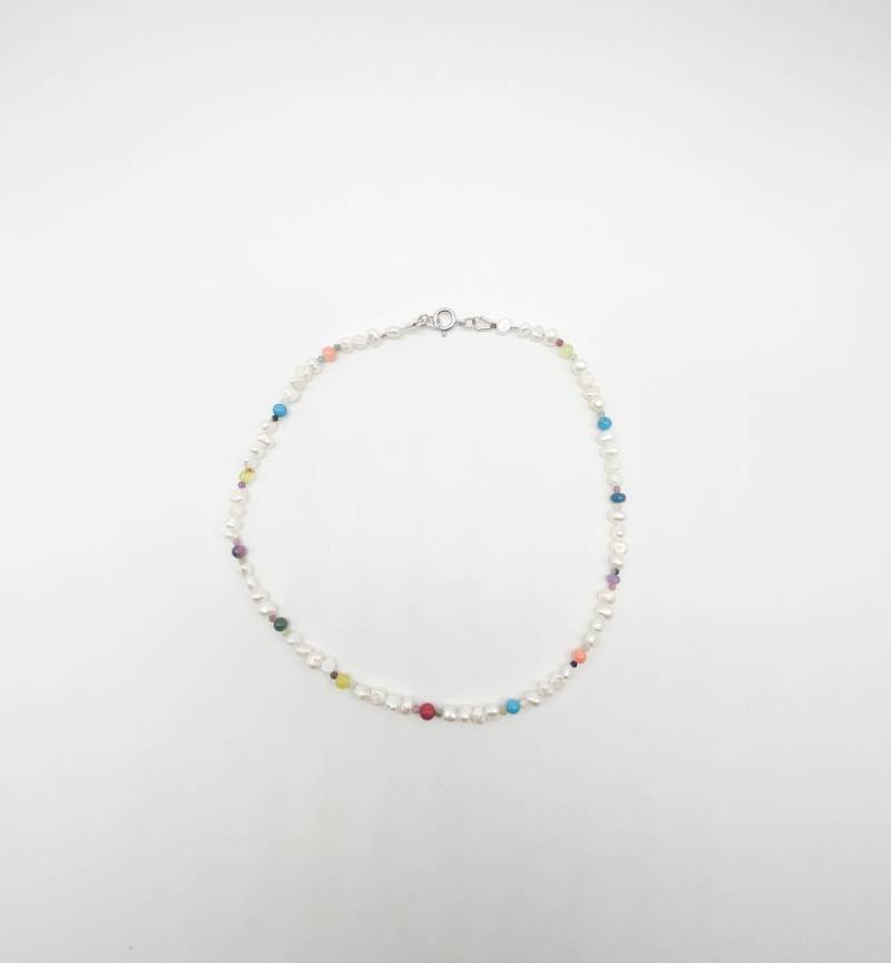 Kette Mit Echten Perlen Und Buntern Edelsteinen Neu Zusammengestellt 925 Silber Verschluss von MagnetBerlin