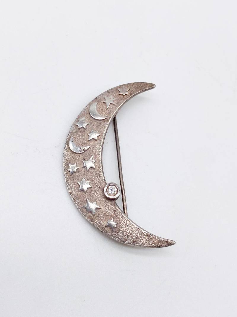 Vintage 925Er Silber Brosche Mond Sterne Silber Weißer Bierkrug von MagnetBerlin