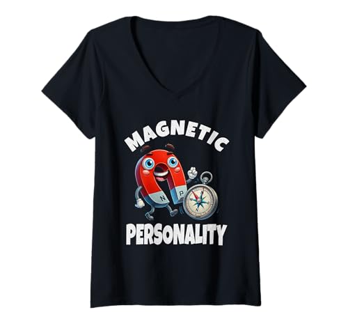 Damen Magnetischer Kompass & Magnet Navigation Cartoon T-Shirt mit V-Ausschnitt Damen Magnetischer Kompass & Magnet Navigation Cartoon T-Shirt mit V-Ausschnitt von Magnetized Adventures Co.