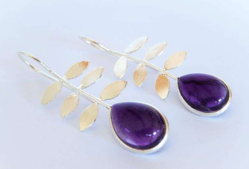 Amethyst Silber Ohrringe Aus 925Er Sterlingsilber Echte Edelstein Damen Ohrhänger Schmuck Blatt Und Tropfen Form Damenohrringe Lila von MagnoKreativ
