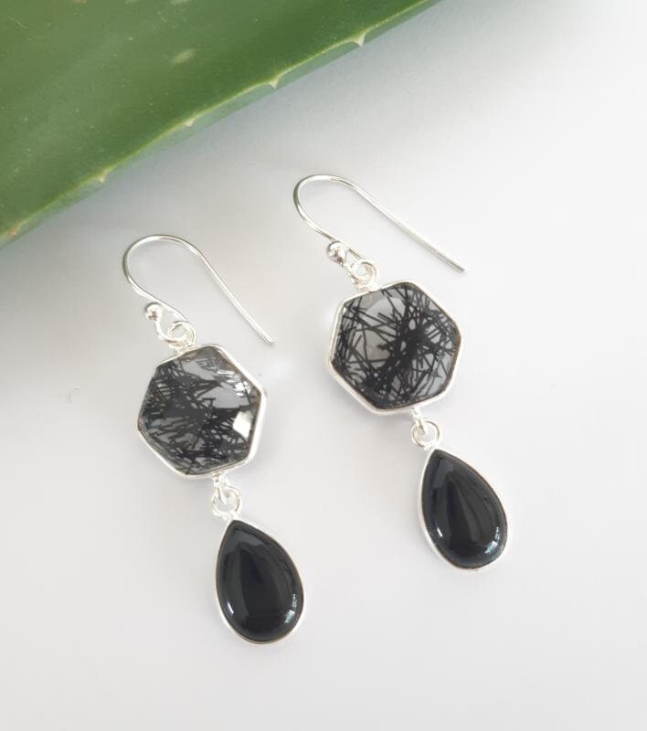 Rutilquarz Und Onyx Ohrringe Aus 925Er Sterlingsilber Damen Ohrhänger Silber Damenohrringe Echte Edelstein Schmuck Geometriesche Figur Tropfen Raute von MagnoKreativ