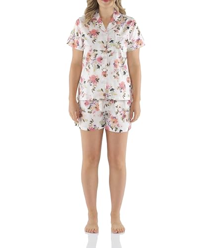 Magnolia Lounge Pyjama Damen Kurz – Seidig Weicher 100% Baumwollsatin Schlafanzug Sommer, Atmungsaktiv & Temperaturausgleichend – Kurzarm Pyjama Set Damen mit Knopfleiste & Elastischer Taille von Magnolia Lounge
