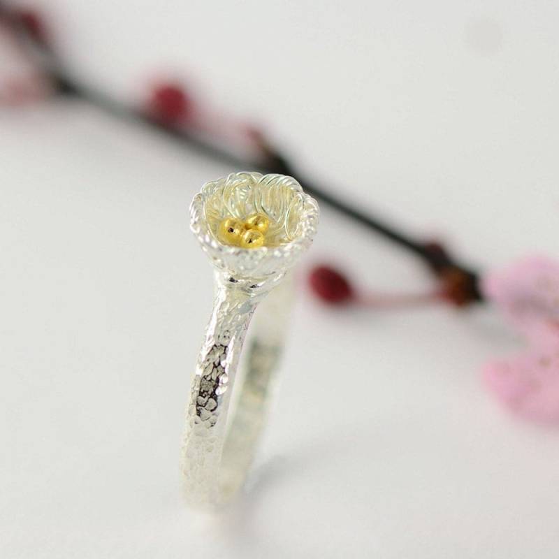 Vintage Silber Vogelnest Ring Goldene Eier, Rustikaler Hochzeitsschmuck von MagnoliaJewellery