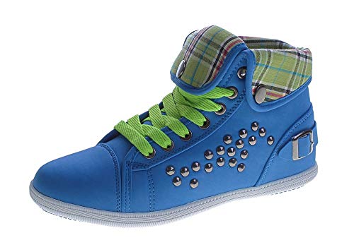 Damen Freizeit Sneaker flach kariert umklappbarer Schaft Mid Cut Knöchel Schuhe sportlich Blau-Grün Größe 38 von Magnus