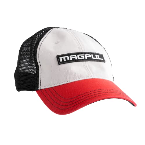 Magpul Uni-Erwachsene Trucker Hat Snap Back Baseball Cap, One Size Fits Most Baseballkappe, Wordmark Garment Washed Stone/Schwarz/Rot, Einheitsgröße von Magpul