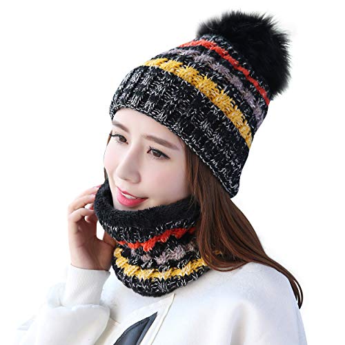 Magracy Damen Mädchen Winter Mütze und Schal Set Beanie Mütze mit Pom Pom Gr. M, Schwarz von Magracy