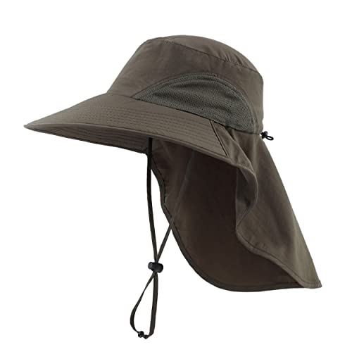 Magracy Herren Damen Outdoor-Sonnenhut mit Nackenklappe breiter Krempe Netzstoff UV-Schutz Hut Gartenarbeit Angelhüte Armeegrün von Magracy