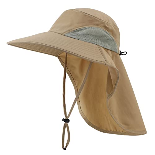 Magracy Herren Damen Outdoor-Sonnenhut mit Nackenklappe breiter Krempe Netzstoff UV-Schutz Hut Gartenarbeit Angelhüte Khaki von Magracy