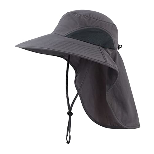 Magracy Herren Damen Outdoor-Sonnenhut mit Nackenklappe breiter Krempe Netzstoff UV-Schutz Hut Gartenarbeit Angelhüte Dunkelgrau von Magracy