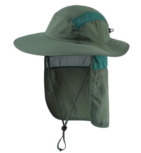 Magracy Herren UPF 50+ Sonnenhut mit Nackenschutz breite Krempe Netzstoff Safari-Hut Wandern Angeln Hut faltbar Damen Waldgrün von Magracy