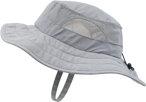 Magracy Kinder-Adventure-Netz-Sonnenhut breite Krempe UPF 50+ Strandhut verstellbar für Jungen und Mädchen Eimerhut Kinnriemen Hellgrau von Magracy