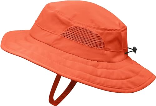 Magracy Kinder-Adventure-Netz-Sonnenhut breite Krempe UPF 50+ Strandhut verstellbar für Jungen und Mädchen Eimerhut Kinnriemen Orange von Magracy