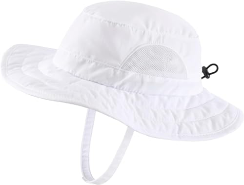 Magracy Kinder-Adventure-Netz-Sonnenhut breite Krempe UPF 50+ Strandhut verstellbar für Jungen und Mädchen Eimerhut Kinnriemen Weiß von Magracy
