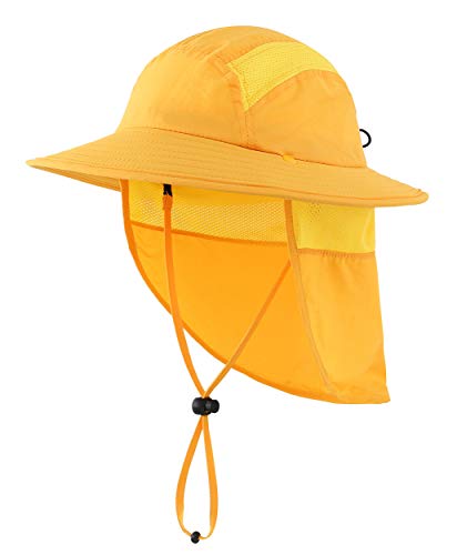 Magracy Kinder Jungen Outdoor UPF50+ Sonnenhut mit Nackenklappe breiter Krempe Sonnenschutzhut Verstellbarer Safari-Hut Gelb von Magracy
