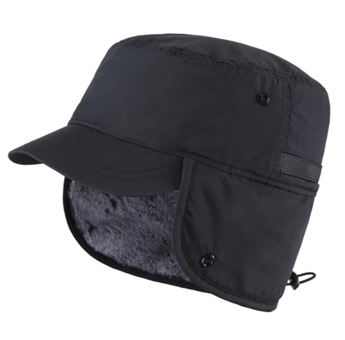 Magracy Outdoor Herren Winter-Baseballmütze mit Visier, warme Ohrenklappen-Mütze, Kunstfell, Trapper-Jagdmütze, Ski, Schnee, Schwarz von Magracy