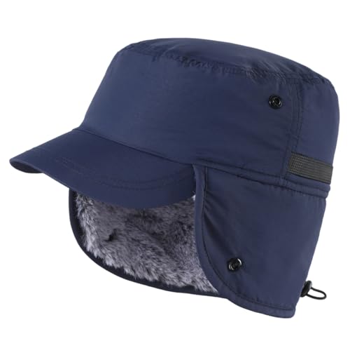 Magracy Outdoor Herren Winter-Baseballmütze mit Visier, warme Ohrenklappen-Mütze, Kunstfell, Trapper-Jagdmütze, Ski, Schnee, Marineblau von Magracy
