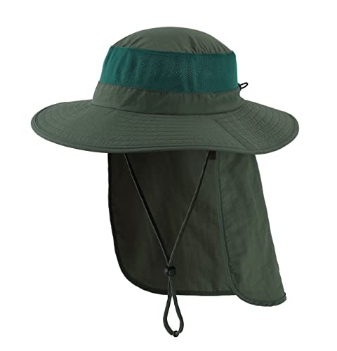 Magracy Unisex Outdoor-Sonnenhut mit breiter Krempe Mesh UPF50+ Safari-Hüte mit Nackenklappe Angelhüte, Waldgrün von Magracy