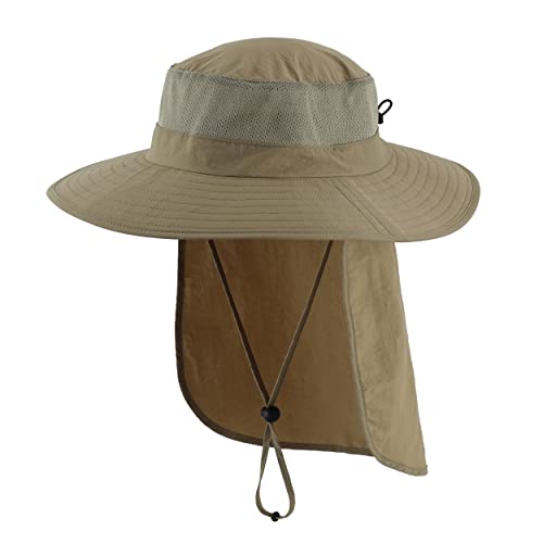 Magracy Unisex Outdoor-Sonnenhut mit breiter Krempe Mesh UPF50+ Safari-Hüte mit Nackenklappe Angelhüte, Helles Khakigrün von Magracy