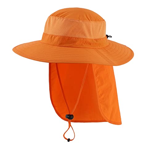 Magracy Unisex Outdoor-Sonnenhut mit breiter Krempe Mesh UPF50+ Safari-Hüte mit Nackenklappe Angelhüte, Orange von Magracy