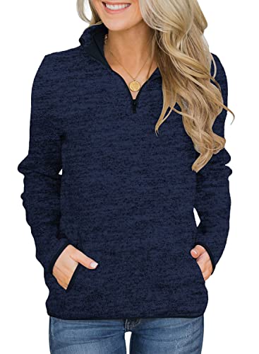 Damen Pullover Sweatshirt Langarm Tops mit zwei Taschen Stehkragen 1/4 Reißverschluss Jacke Sweatshirt, 1-dunkelblau, 48 von Magritta
