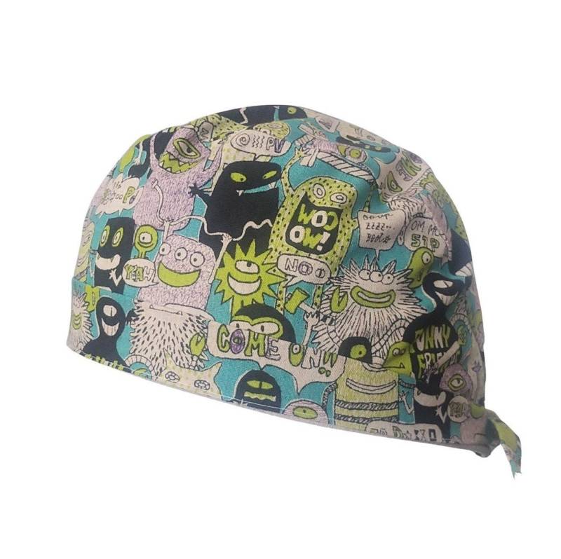 Peeling-Mütze Calot Block Scrub Cap Baumwolle 3 Modelle, Kurze Oder Lange Haare, Peeling-Mütze, Krankenschwester Muster „Funny Monsters" von MagsCaps