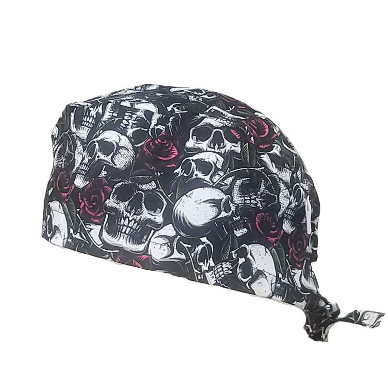 Scrub-Haube Calot Block Totenkopf Und Rosen Baumwolle 3 Größen, Kurzes Oder Langes Haar, Calot-Haube Chirurgenhaube Mütze Totenköpfe von MagsCaps