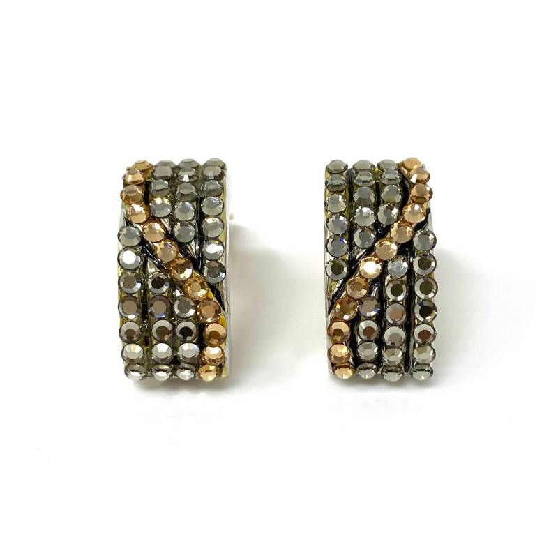 Vintage 1990Er Jahre Grau & Champagner Kristall Gold Und Silber Ton Statement Hoop Clip Auf Ohrringe von MagsModShoppe