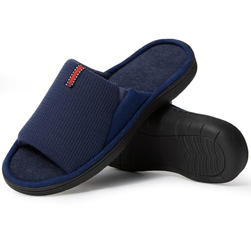Herren Hausschuhe mit offenem Zehenbereich für drinnen – atmungsaktive Waffelgewebe & Frottee gefütterte Hausschuhe mit Memory-Schaum, maschinenwaschbar, rutschfeste Sohle, bequeme Passform für breite von Magtoe