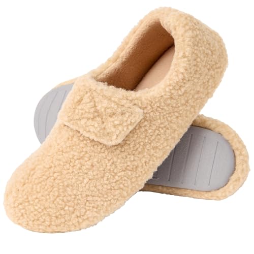 Magtoe Hausschuhe Damen Verstellbare Hausschuhe mit Memory Foam Teddy-Fleece rutschfeste Hallenschuhe Maschinenwaschbar (US 6-11), Beige, 36 EU von Magtoe
