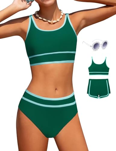 Magwei Mädchen-Badeanzüge, 3-teiliges Badeanzug-Bikini-Set mit sportlichen Shorts und Sonnenbrille, Strand-Bademode für Mädchen, 8–15 Jahre, Grün , 12-13 Jahre Magwei Mädchen-Badeanzüge, 3-teiliges Badeanzug-Bikini-Set mit sportlichen Shorts und Sonnenbrille, Strand-Bademode für Mädchen, 8–15 Jahre, Grün , 12-13 Jahre von Magwei
