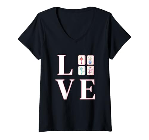 Damen Ich Liebe Mahjong Fliesen Mah Jongg Spieler Chinesisches Spiel T-Shirt mit V-Ausschnitt Damen Ich Liebe Mahjong Fliesen Mah Jongg Spieler Chinesisches Spiel T-Shirt mit V-Ausschnitt von Mah Jong Tile Game Lovers