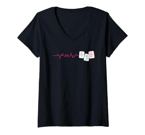 Damen Mahjong Player Heartbeat EKG Pulse Tiles Chinesisches Spiel T-Shirt mit V-Ausschnitt Damen Mahjong Player Heartbeat EKG Pulse Tiles Chinesisches Spiel T-Shirt mit V-Ausschnitt von Mah Jong Tile Game Lovers