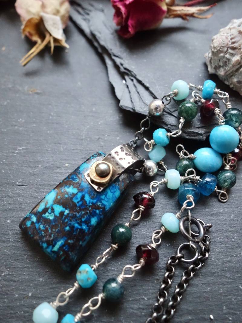 Azurit & Edelstein Rosenkranz Halskette Oxidierter Sterling Silber Boho Anhänger von MahamudraDesign