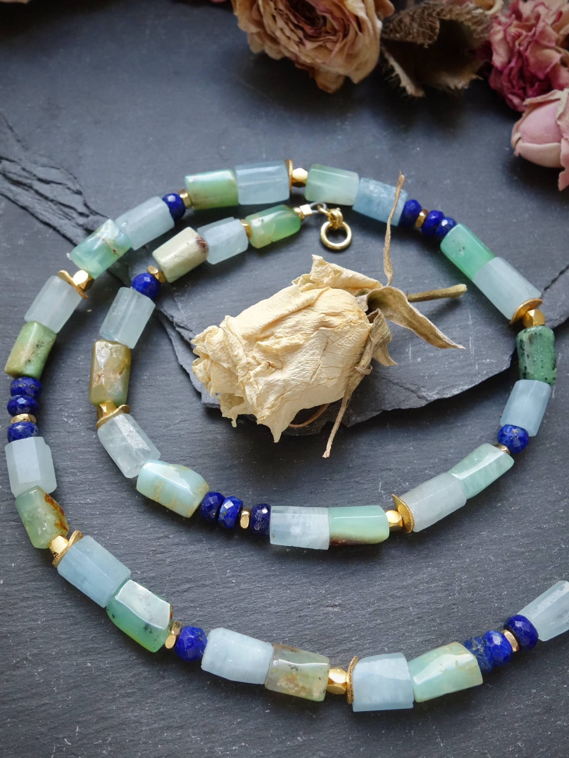 Chrysopras Edelstein Halskette | Chunky Tube Perlen, 18K Gold Vermeil von MahamudraDesign