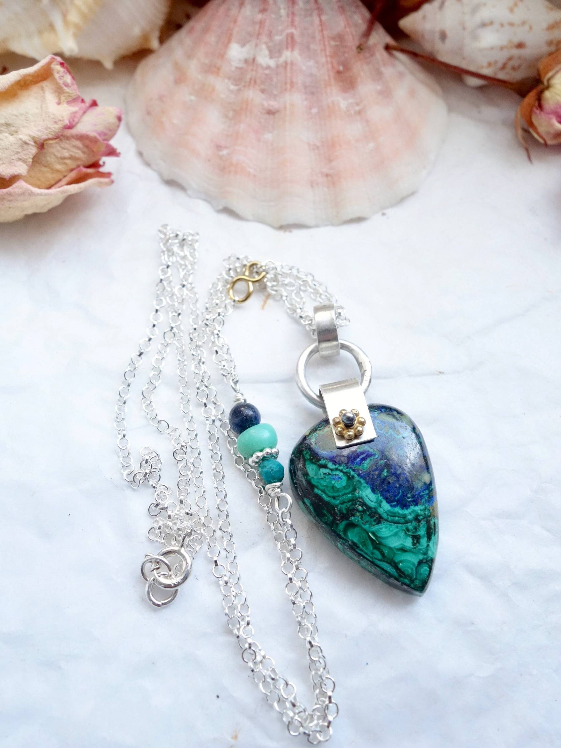 Handgemachte Azurmalachit Anhänger Sterling Silber Rolo Kette von MahamudraDesign