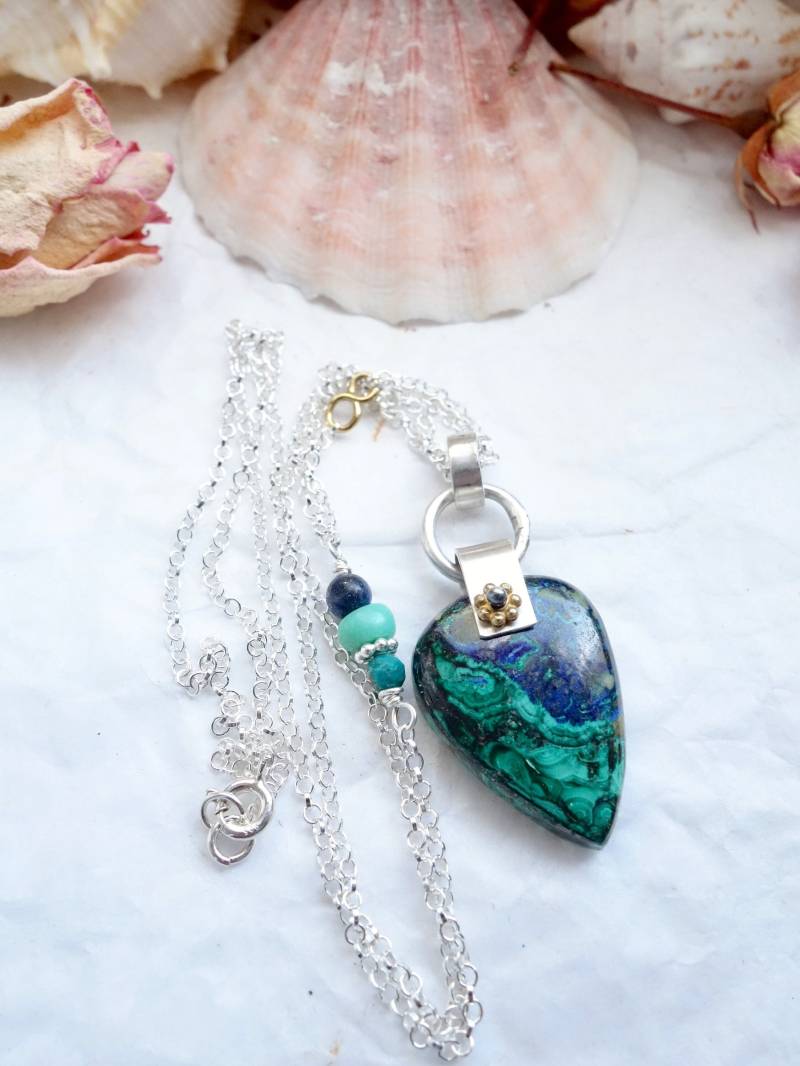 Handgemachte Azurmalachit Anhänger Sterling Silber Rolo Kette von MahamudraDesign