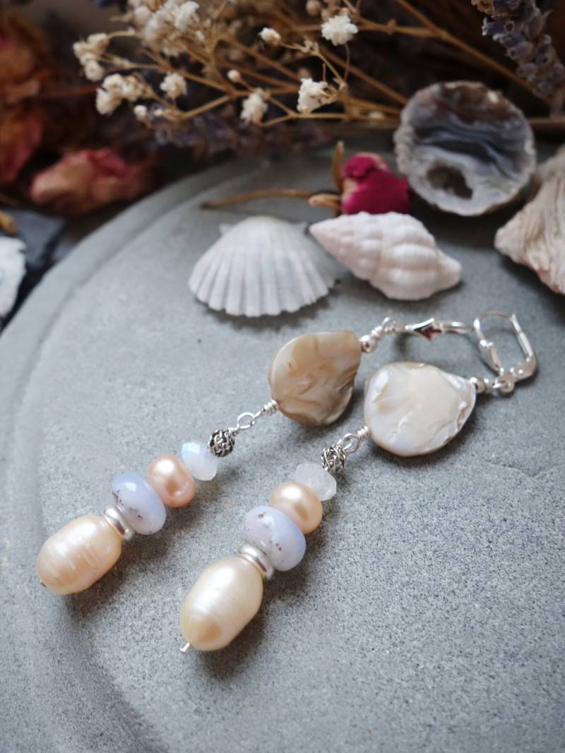 Handmade Sterling Silber Perle Hochzeit Ohrringe Mop Edelstein Schmuck von MahamudraDesign