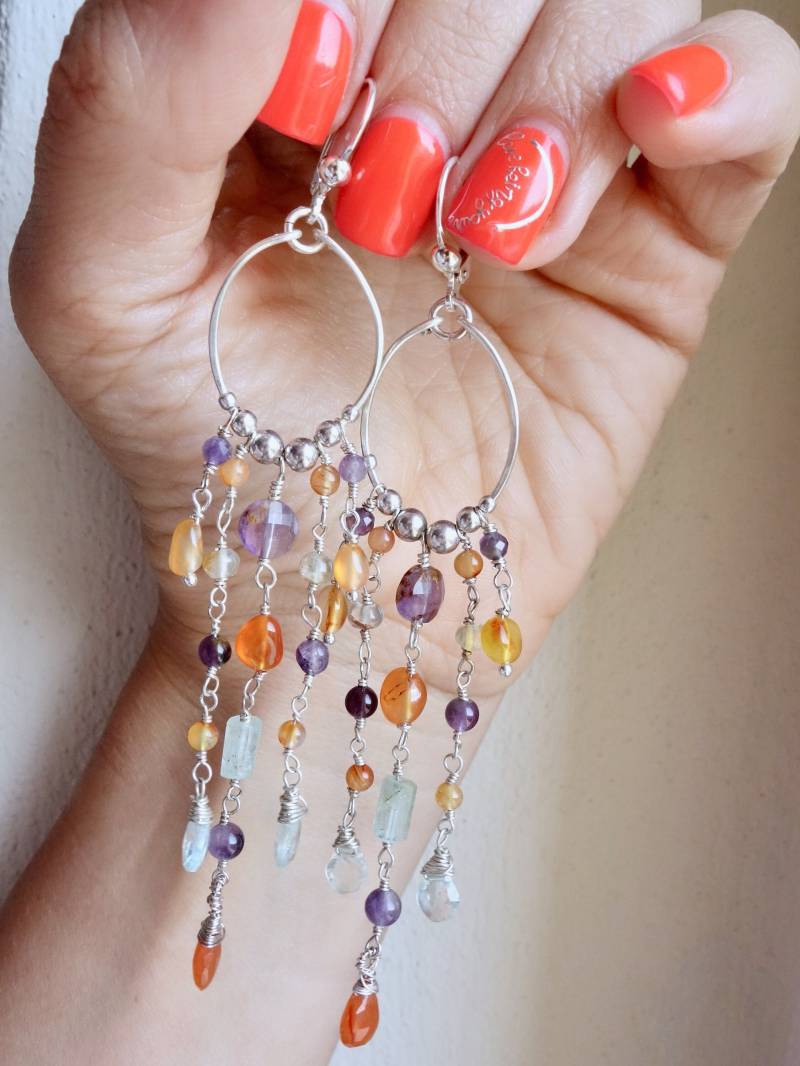 Lange Duster Ohrringe Gemischten Edelsteinen | Kaskadenhandwerker Aus Massivem Silber Bunte Orangefarbene Statement Handwerker Kronleuchter von MahamudraDesign