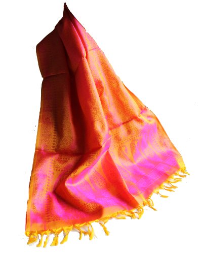 Maharanis Handgewebter Jacquard Seidenschal 100% Seide pink-goldorange 55cm x 180cm von Maharanis