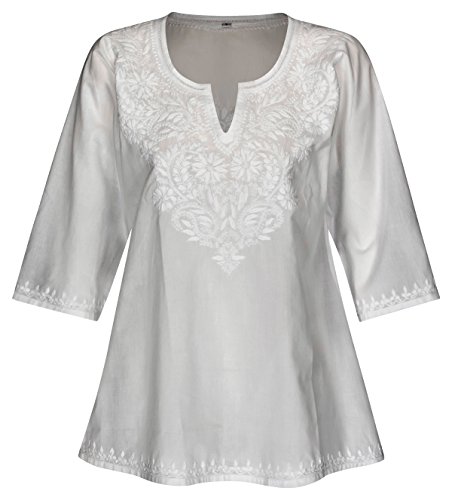 Maharanis Kurti Klassiker Tunika Bluse Reine Baumwolle weiß handbestickt L von Maharanis