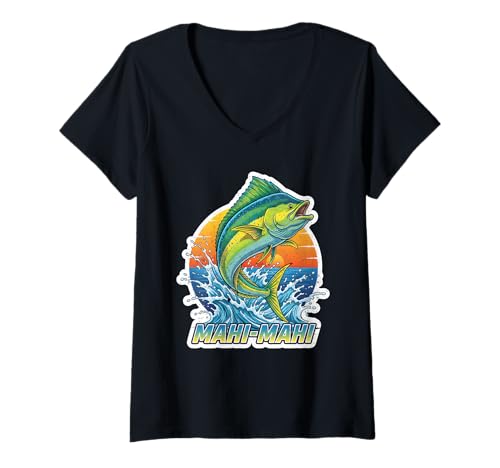 Damen Vintage Mahi Mahi Fisch Offshore Angeln T-Shirt mit V-Ausschnitt Damen Vintage Mahi Mahi Fisch Offshore Angeln T-Shirt mit V-Ausschnitt von Mahi Mahi Fishing Collection