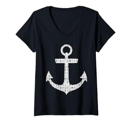 Damen Lustiger Mahjong mit nautischem Anker-Thema T-Shirt mit V-Ausschnitt von Mahjong Things