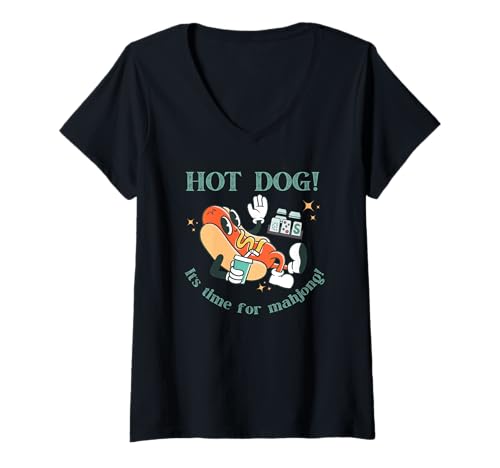 Damen Mahjong Hot Dog It's Time for Mahjong Legespiel T-Shirt mit V-Ausschnitt Damen Mahjong Hot Dog It's Time for Mahjong Legespiel T-Shirt mit V-Ausschnitt von Mahjong Tile Clubs