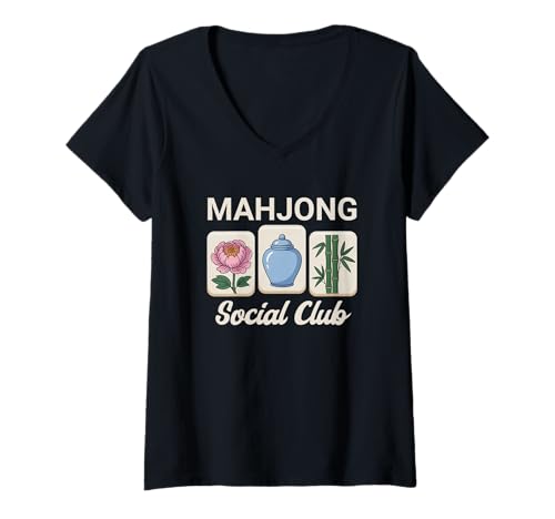 Damen Mahjong Social Club Game Nights Fliesen T-Shirt mit V-Ausschnitt von Mahjong Tiles