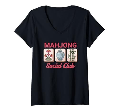 Damen Mahjong Social Club Spieleabende T-Shirt mit V-Ausschnitt von Mahjong Tiles