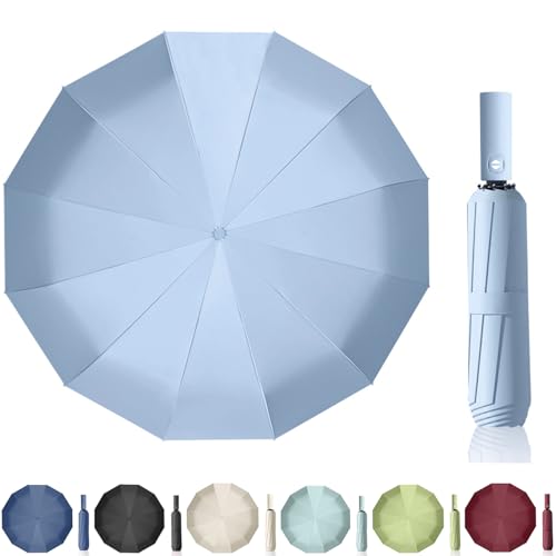 Maibar Regenschirm Taschenschirm Sturmfest Winddicht Kompakte 24-Rippen Wasserdichter Regenschirm Falten Reise Taschenschirme für Männer und Frauen (Hellblau) von Maibar