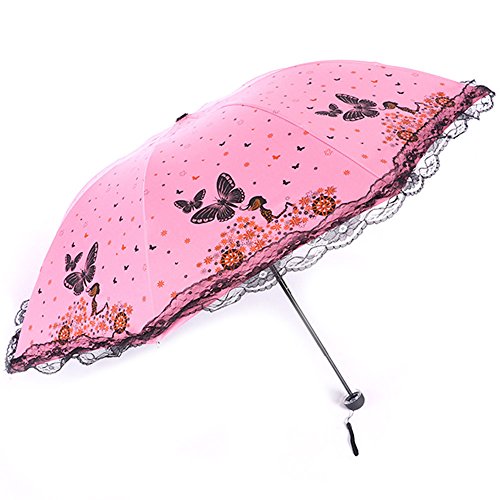 Maibar UV Taschenschirme Damen, Schmetterling UV-Schutz, Spitze Regenschirme Hand Sonnenschirme UV-Schutz für Frauen (H-Pink) von Maibar