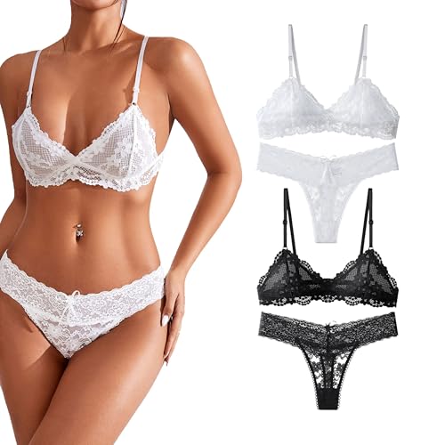 Maiclaice 2Pack Damen Spitze BH Set Bustier ohne Polsterung Bralette Ohne Bügel Büstenhalter Hautfarbe Weiß klein von Maiclaice