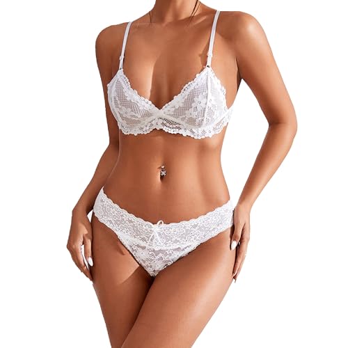 Maiclaice Damen Spitze BH Set ohne Polsterung Bralette Billig Ohne Bügel Büstenhalter Weiß Mittel von Maiclaice