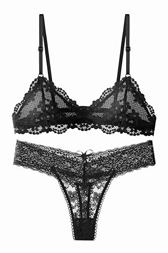 Maiclaice Damen Spitze BH Set ohne Polsterung Push Up Bralette Ohne Bügel Büstenhalter Schwarz klein von Maiclaice